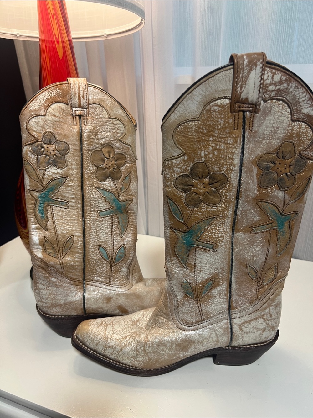 Bed Stu Metallic Silver Cowboy Boots with Teal Bird & Floral Accents